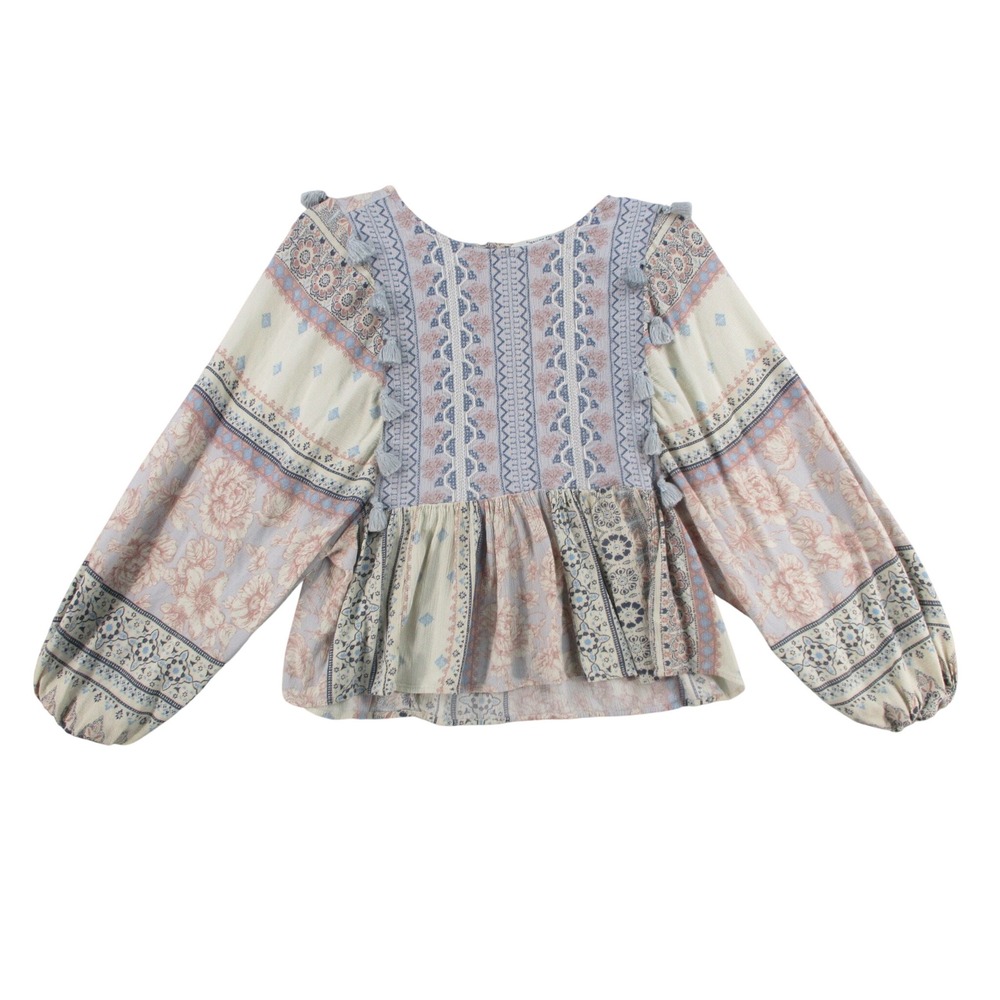 American Eagle Boho Patchwork Peplum Top Tassel Trim Floral Long Sleeve XS